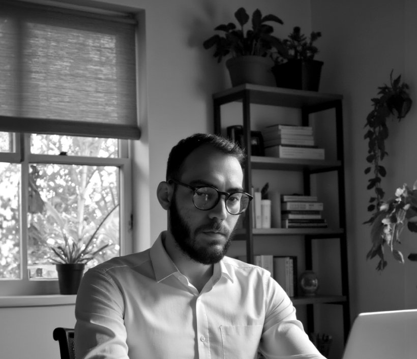 Lucas trabalhando no notebook em seu escritório