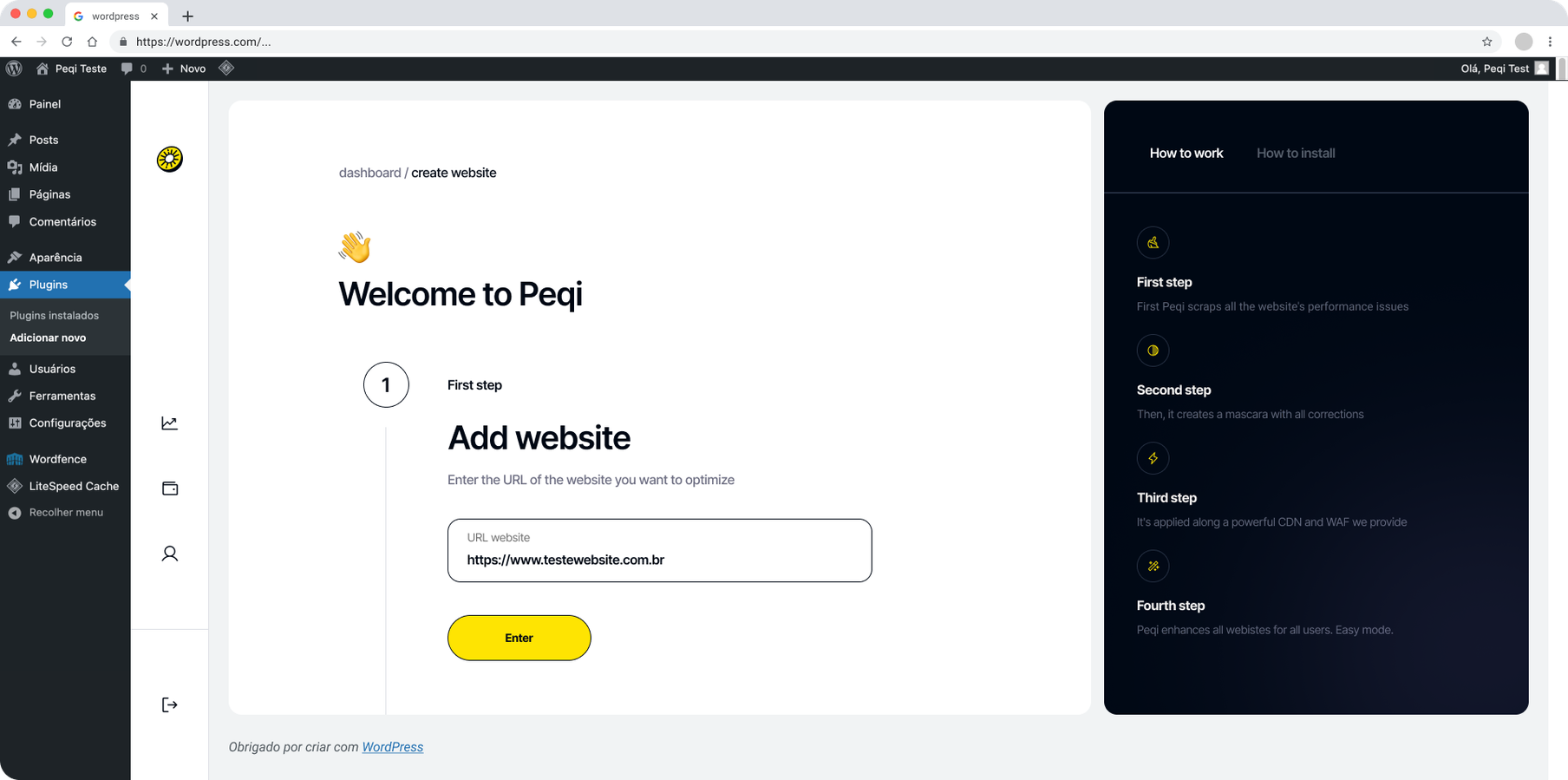 Adicionar website, passo 2: URL preenchida