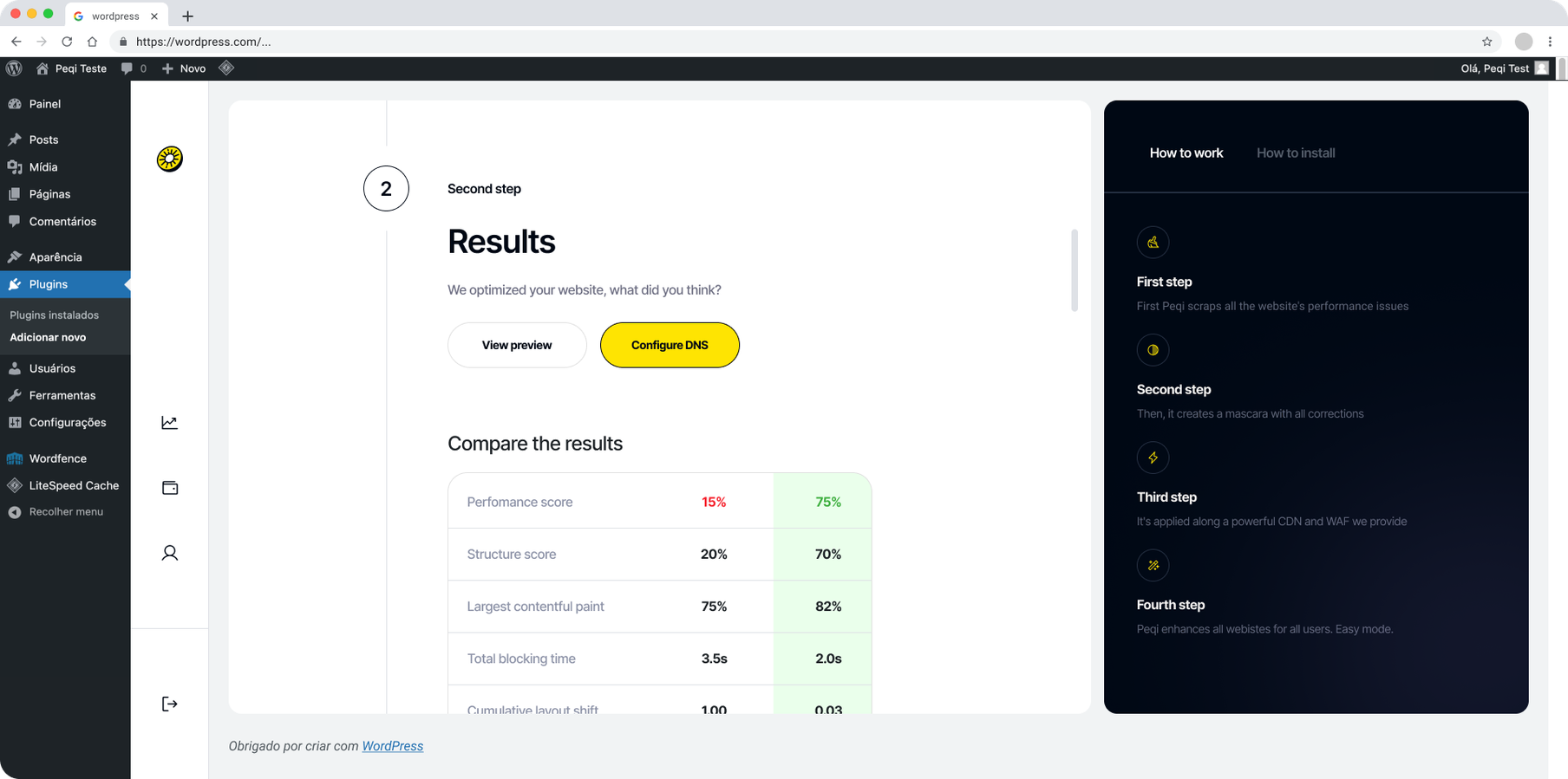 Adicionar website, passo 5: resultados
